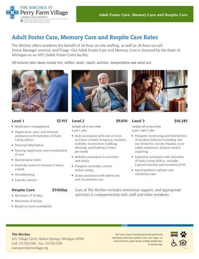 Adult Foster Care, Memory Care and Respite Care Rates