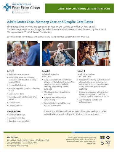 Adult Foster Care, Memory Care and Respite Care Rates